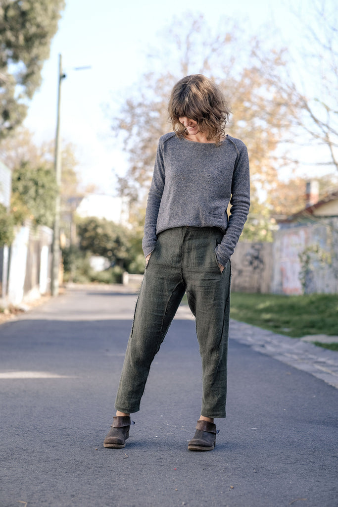 Japanese Wool Linen Pants - Moss Green